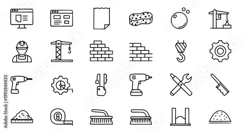 Construction Tools Thin Line Icon Set Builder Crane Gear Drill Vector Collection