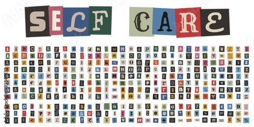 Kreative Selbstfürsorge Collage mit ausgeschnittenen Buchstaben für Mentale Gesundheit und Journaling