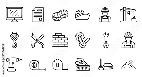 Construction Tool Icons Thin Line Collection Crane Builder Drill Vector Set