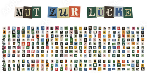 Mut zur Lücke Schriftzug und buntes Alphabet Set aus Zeitungsausschnitten im kreativen Collagen Stil