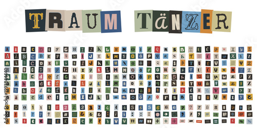 Bunte Erpresserbrief Buchstaben aus Zeitungsausschnitten, Alphabet Set für Collagen und anonyme Nachrichten