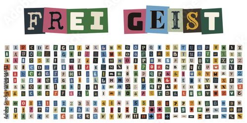 Erpresserbrief Alphabet Set mit bunten Buchstaben zum Ausschneiden und dem Wort Freigeist