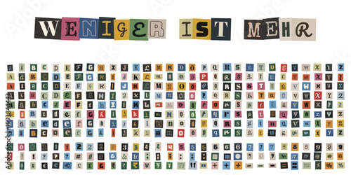 Erpresserbrief Alphabet Set mit deutschen Umlauten, Weniger ist mehr Schriftzug