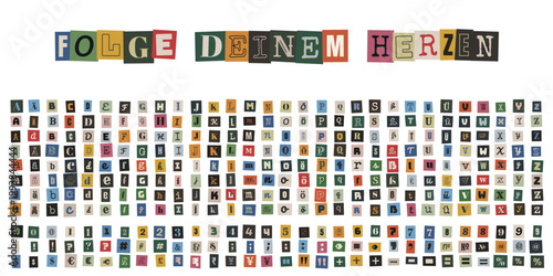 Folge deinem Herzen Spruch aus bunten Zeitungsbuchstaben fuer Vision Board und Collagen