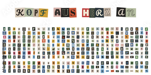 Erpresserbrief Alphabet Set, Kopf aus Herz an, Ransom Note Buchstaben, DIY Basteln