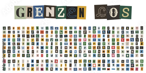 Erpresserbrief Alphabet Set, Grenzenlos Schriftzug aus Zeitungsausschnitten, Ransom Note Stil