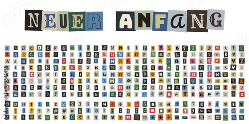 Neuer Anfang Text aus ausgeschnittenen Buchstaben im Erpresserbrief-Stil auf weissem Hintergrund