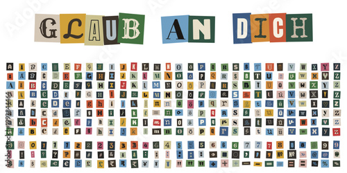 Erpresserbrief Alphabet Set, Glaub an dich Schriftzug, Ransom Note Buchstaben, DIY Basteln