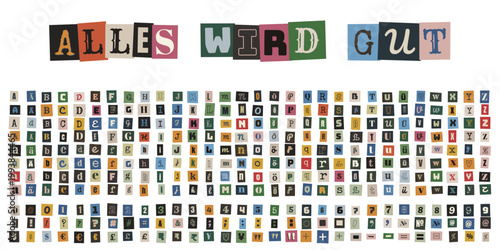 Alles wird gut Affirmation im bunten Erpresserbrief Stil mit Alphabet und Zahlen Set