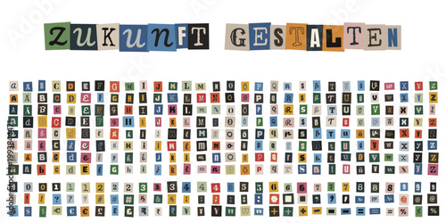 Zukunft gestalten Schriftzug aus bunten Erpresserbrief Buchstaben, Ransom Note Alphabet