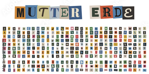 Mutter Erde Schriftzug aus bunten Erpresserbrief Buchstaben, Ransom Note Alphabet Set