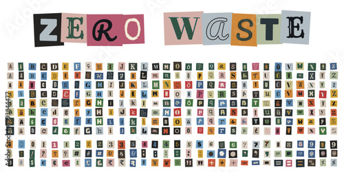 Zero Waste Schriftzug und Alphabet aus Zeitungsausschnitten für Upcycling Design und Nachhaltigkeit