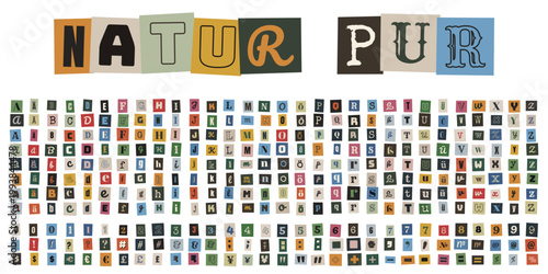 Buntes Alphabet im Erpresserbrief-Stil mit Zahlen und Symbolen für kreative Upcycling-Designs