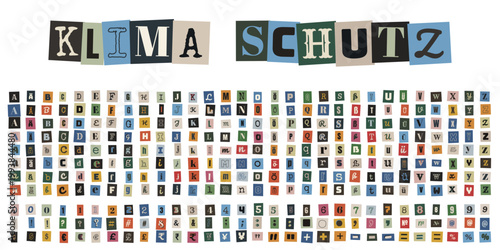 Klimaschutz Schriftzug aus Zeitungsausschnitten, Erpresserbrief Stil Alphabet, Umweltbewusstsein und Nachhaltigkeit