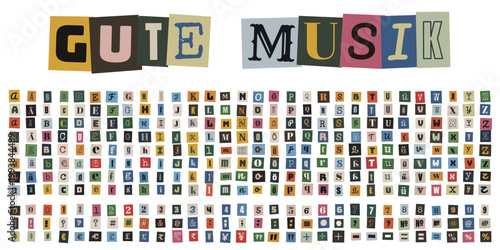 Erpresserbrief Alphabet Set mit bunten Buchstaben und Zahlen fuer kreative Musikposter und Collagen