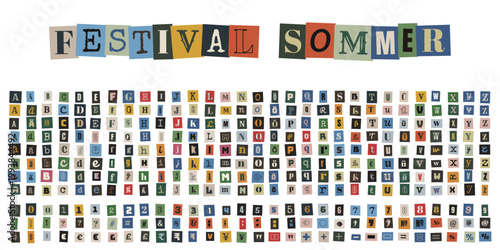 Erpresserbrief Alphabet Set, Festival Sommer Schriftzug aus Zeitungsausschnitten, Bunte Buchstaben Collage