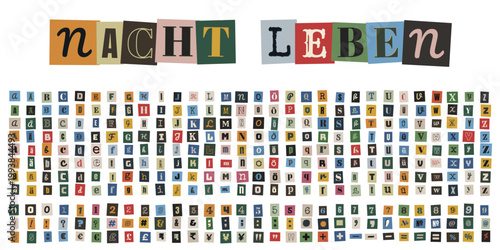 Bunte Buchstaben Collage Nachtleben Wort mit Alphabet Set im Erpresserbrief Look für Party Flyer