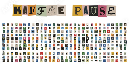 Kaffee Pause Schriftzug aus bunten Zeitungsausschnitten im Erpresserbrief Stil, DIY Alphabet Set