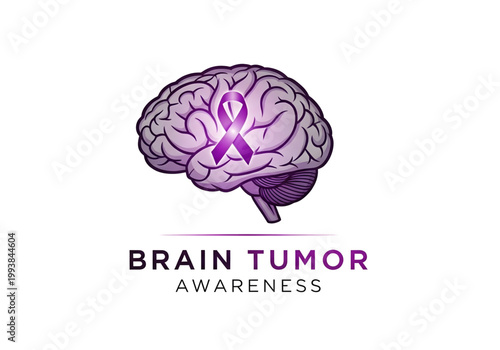 Human brain with purple awareness ribbon for brain tumor png on transparent background
