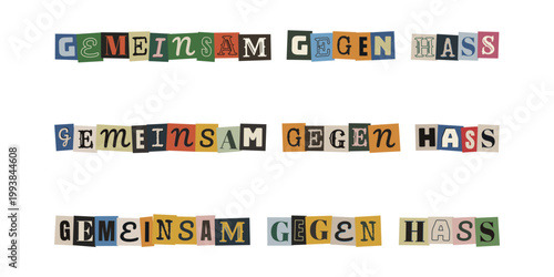 Slogan Gemeinsam gegen Hass als bunte Buchstaben-Collage für Demokratie und gegen Diskriminierung