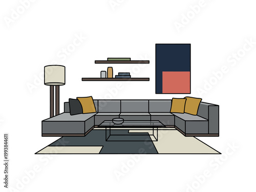 A modern living room with a gray sectional sofa and a geometric patterned rug