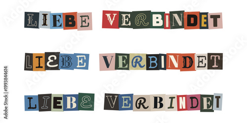 Liebe verbindet Schriftzug im Erpresserbrief-Stil, bunte Collage für LGBTQ Pride und soziale Inklusion