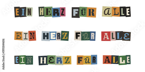 Ein Herz für alle Schriftzug im Collagen-Stil für Inklusion, Vielfalt und soziale Gerechtigkeit