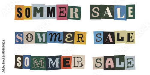 Sommer Sale Schriftzug im Erpresserbrief Stil, bunte DIY Collage Buchstaben für Rabattaktionen