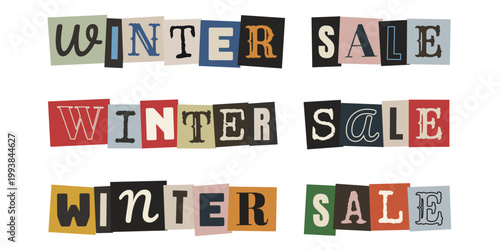 Winter Sale Schriftzug im Ransom Note Stil, bunte ausgeschnittene Buchstaben fuer Einzelhandel