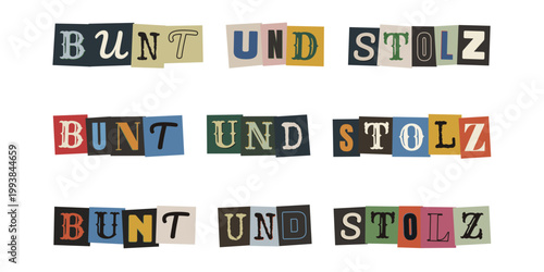 Bunt und Stolz Schriftzug im Collagen-Stil für LGBTQ Pride, CSD und Diversität, Protest-Ästhetik.