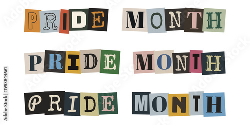 Pride Month Schriftzug im DIY Erpresserbrief Stil für LGBTQ Aktivismus und kreative Zine Designs