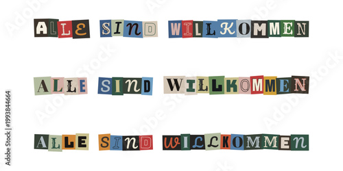 Alle sind willkommen Schriftzug im Collagen-Stil für Inklusion und Vielfalt in Schule und Kita