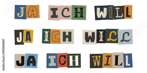 Ja ich will Schriftzug aus bunten Magazinbuchstaben für kreative Hochzeitskarten und DIY Einladungen