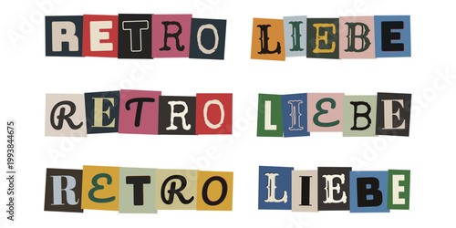 Retro Liebe Schriftzug im Erpresserbrief Stil, bunte DIY Collage Buchstaben für Valentinstag Design