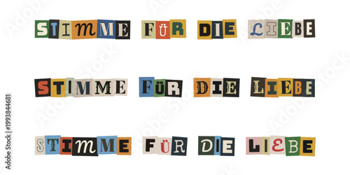 Stimme für die Liebe Schriftzug im Collage Stil für Toleranz und gegen Hassrede im Internet