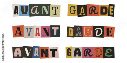 Avant Garde Schriftzug im Erpresserbrief-Stil, bunte Buchstaben-Collage für Punk-Zines und Kunst.