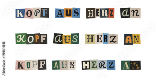 Kopf aus Herz an Schriftzug im Erpresserbrief Stil, Motivation fuer Achtsamkeit und Gefuehle