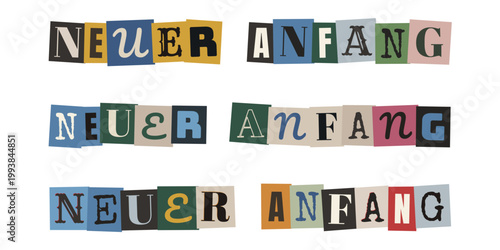 Schriftzug Neuer Anfang als bunte Buchstaben Collage fuer persoenliche Veraenderung und Neuanfang