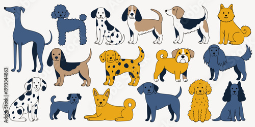 Various dog breeds and cat colorful flat design vector illustration collection