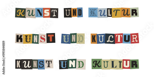 Kunst und Kultur Schriftzug im Collage-Stil, bunte Buchstaben aus Magazinen, DIY-Design für Kultur