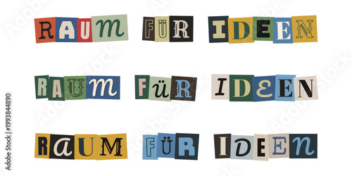 Raum für Ideen Schriftzug im Collagen-Stil für Design Thinking und kreative Brainstorming-Sitzungen