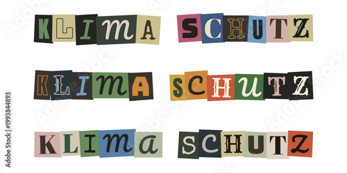 Klimaschutz Schriftzug aus bunten Magazinbuchstaben für Umweltaktivismus und Protest