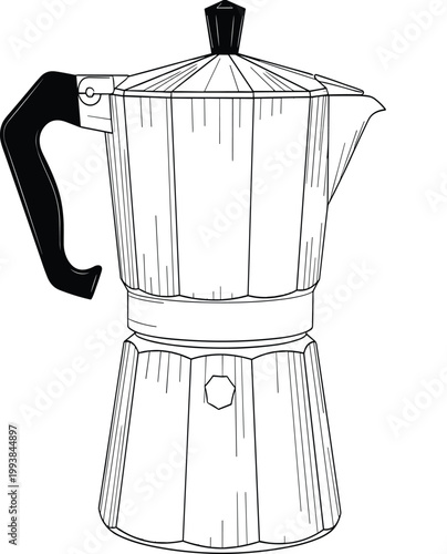 Hand-drawn black and white line art illustration of a classic Italian moka pot coffee maker isolated on a white background.