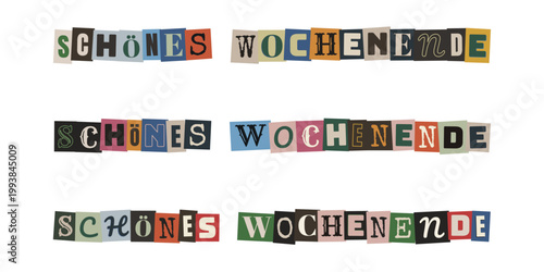 Schönes Wochenende Schriftzug im bunten Erpresserbrief-Stil für kreative Social Media Posts