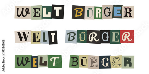 Weltbürger Collage aus ausgeschnittenen Buchstaben für Aktivismus und kosmopolitische Identität.