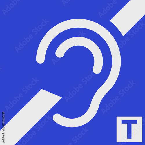 Vector illustration of blue hearing loop sign using T switch, representing assistive listening, hearing aid support, accessibility, and inclusive public spaces