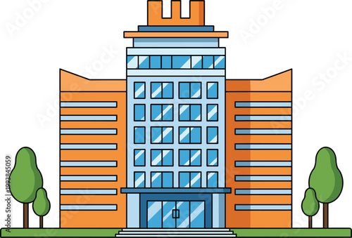 Modern office building vector illustration with orange facade and blue glass windows in flat line art style isolated on white background.