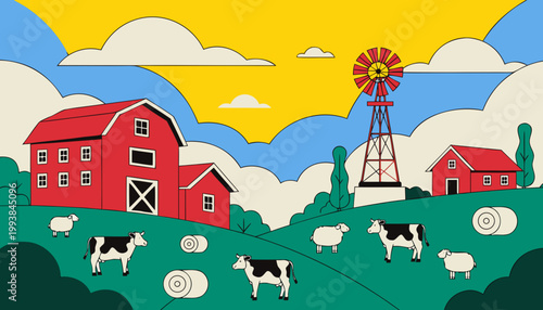 Farm scene red barns cows windmill sunny sky colorful rural vector illustration