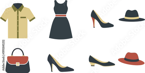 Clothing items and fashion accessories display a complete elegant wardrobe.