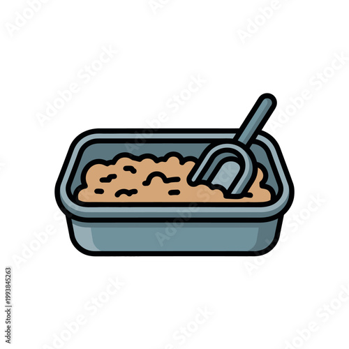A cartoon illustration of a litter box with a scoop
